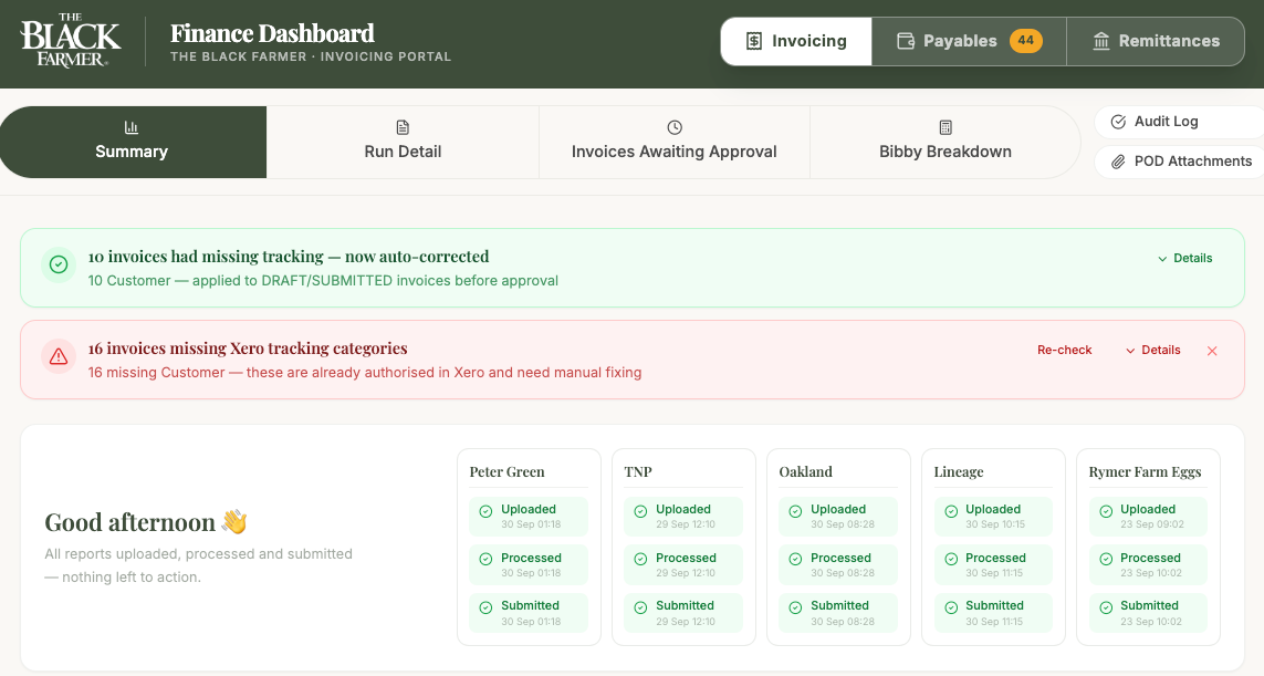 Finance reconciliation and cashflow screenshot